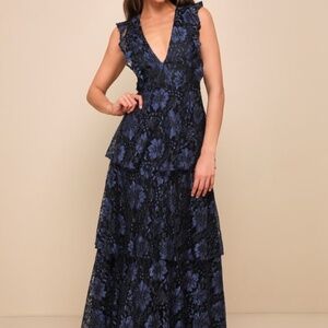 Lulus Molinetto Navy Blue Lace Ruffled Tiered Sleeveless Maxi Dress - Size L